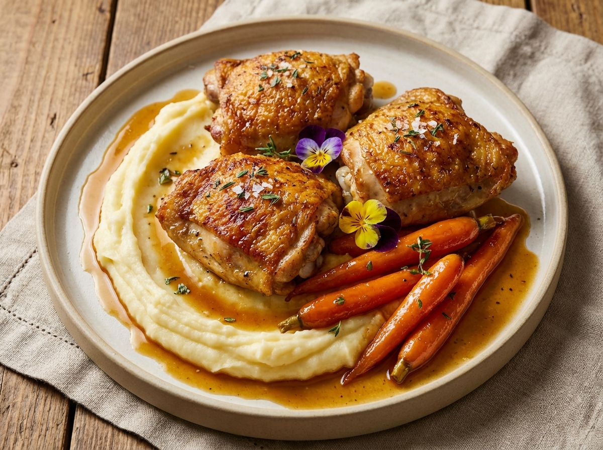 Roasted Chicken Thighs with Mashed Potatoes and Glazed Carrots