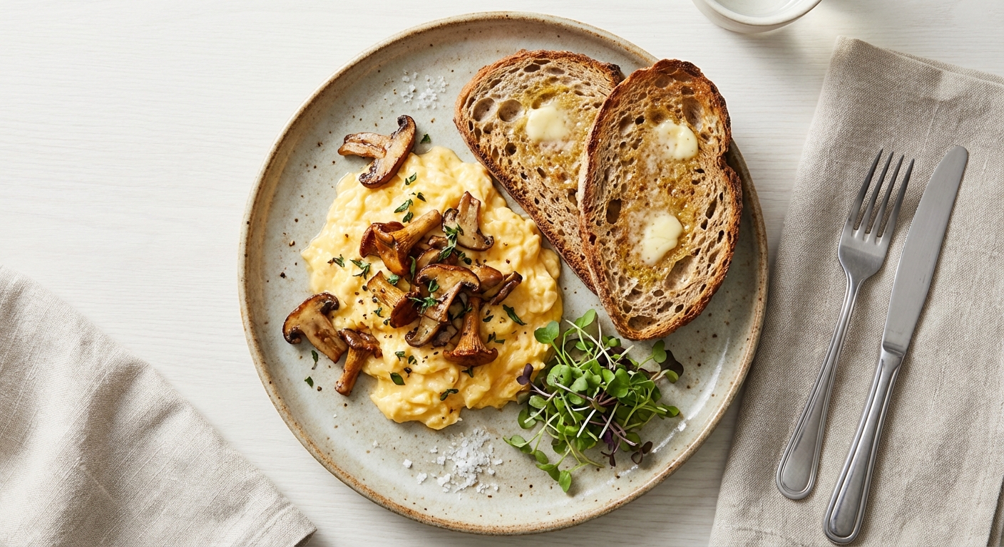 Scrambled Eggs with Sautéed Mushrooms & Whole-Grain Toast