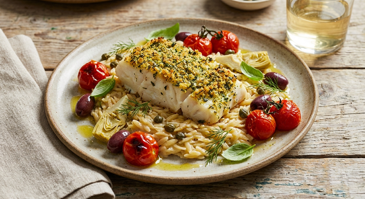 Mediterranean Baked Cod with Orzo & Cherry Tomatoes