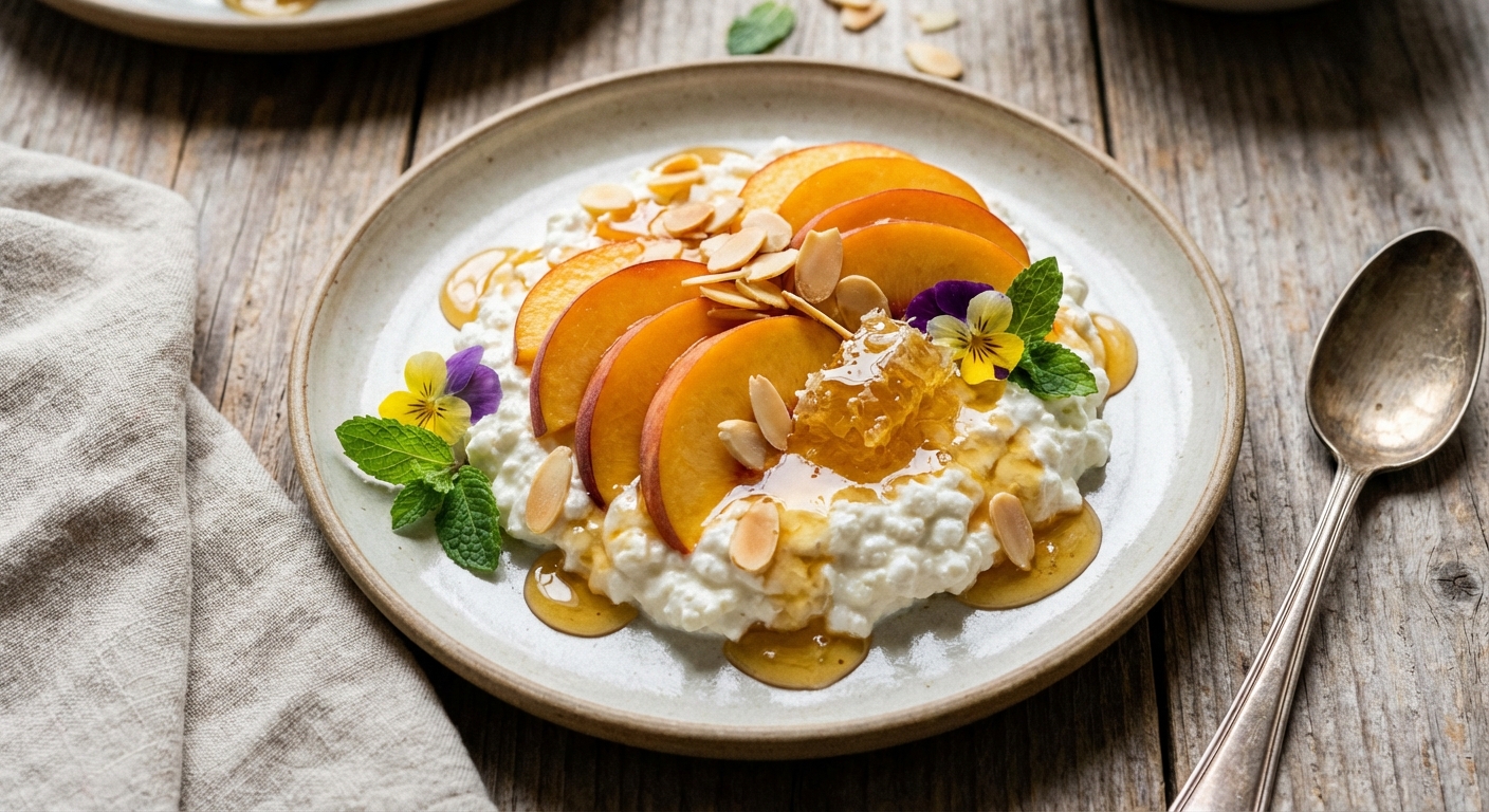 Cottage Cheese with Sliced Peaches, Toasted Almonds & Honey