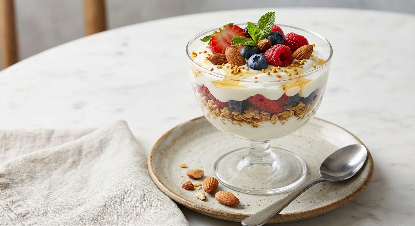 Greek Yogurt Parfait with Granola, Mixed Berries & Almonds