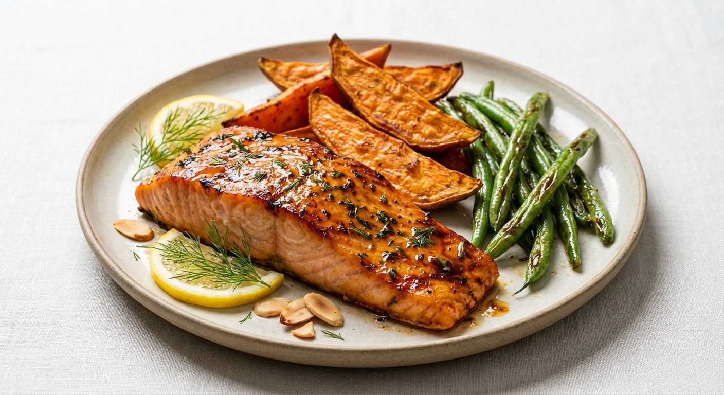Baked Salmon with Roasted Sweet Potato & Green Beans
