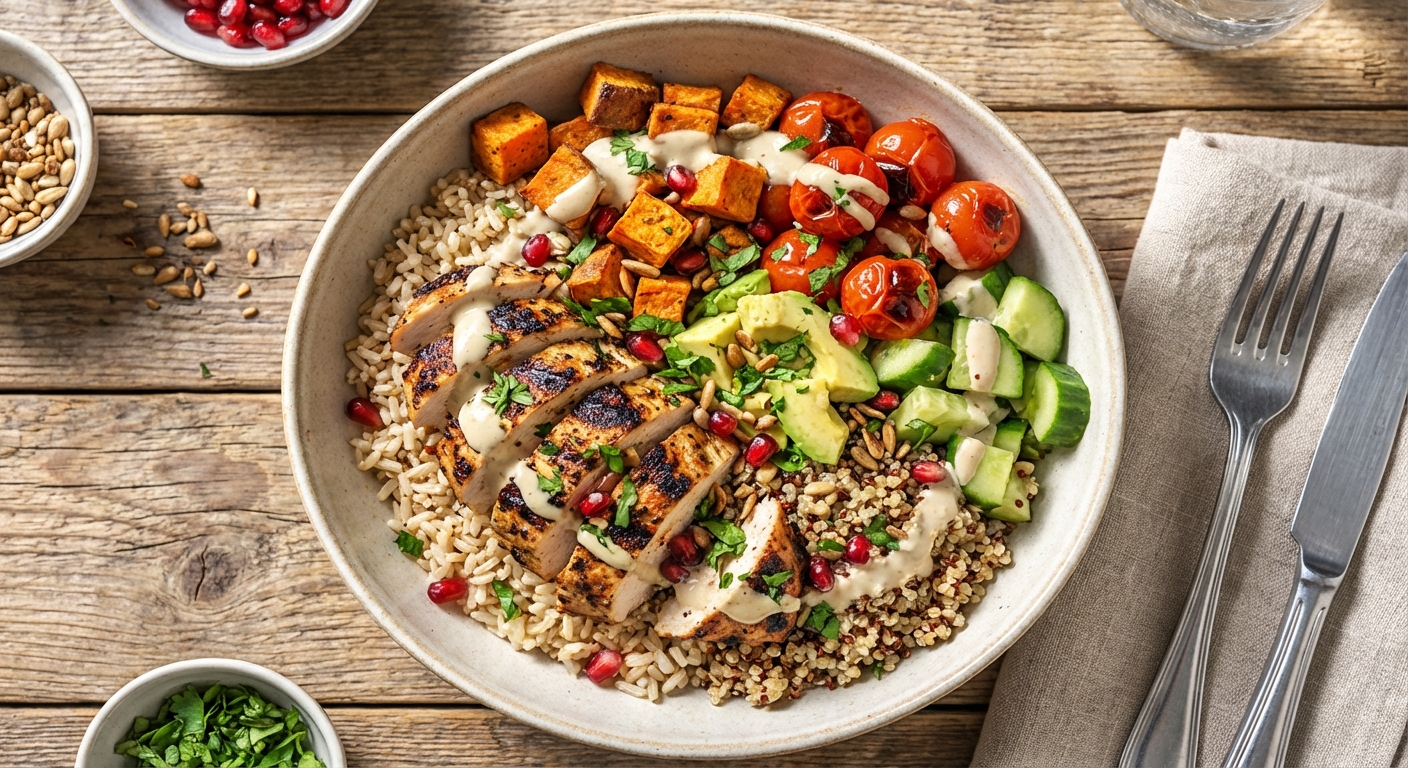 Grilled Chicken & Grain Bowl with Brown Rice, Roasted Sweet Potato & Tahini Dressing