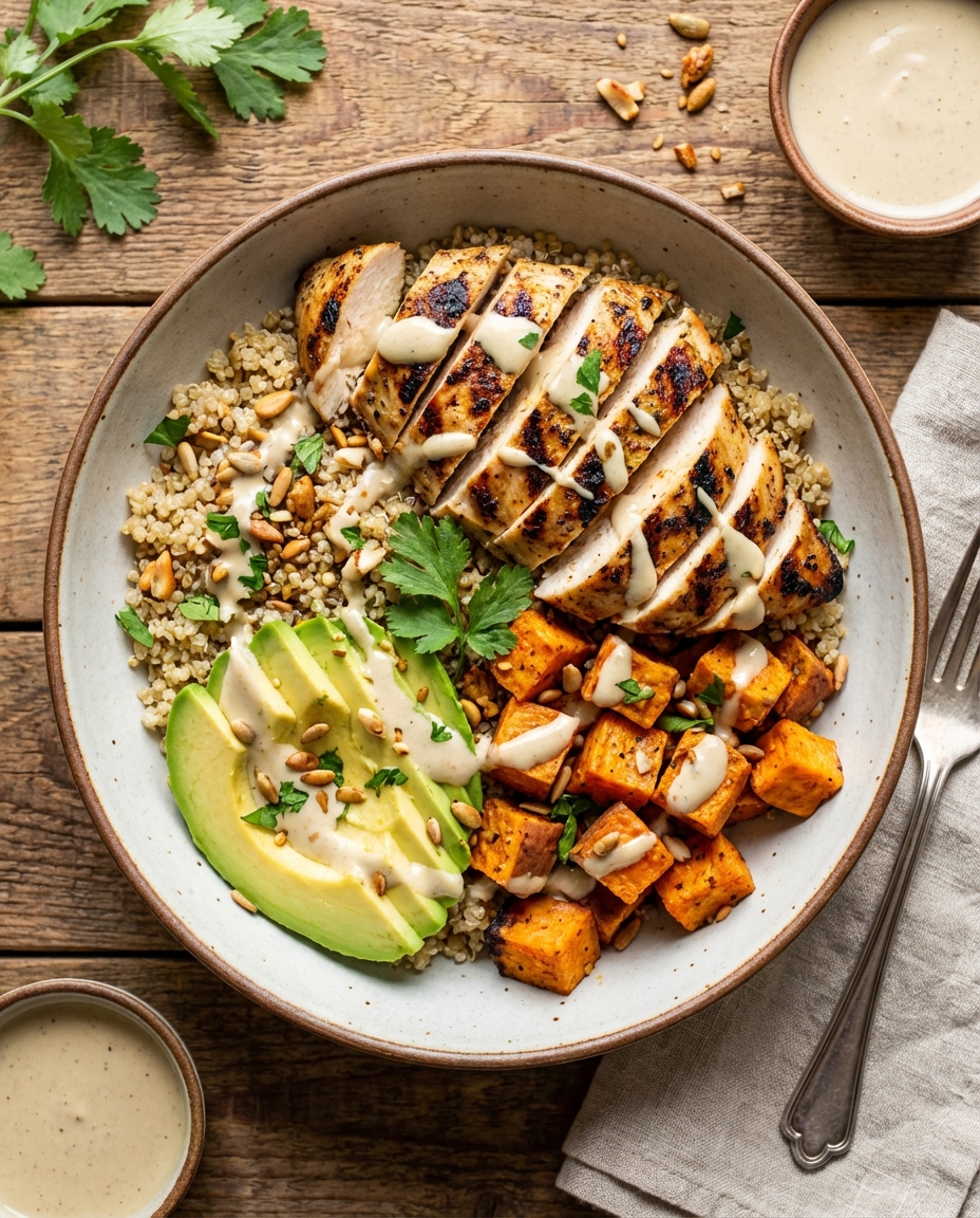 Grilled Chicken & Quinoa Bowl with Roasted Sweet Potato, Avocado & Tahini-Lemon Dressing