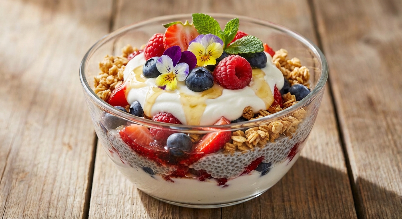 American Greek-Yogurt Berry Parfait with Granola & Chia