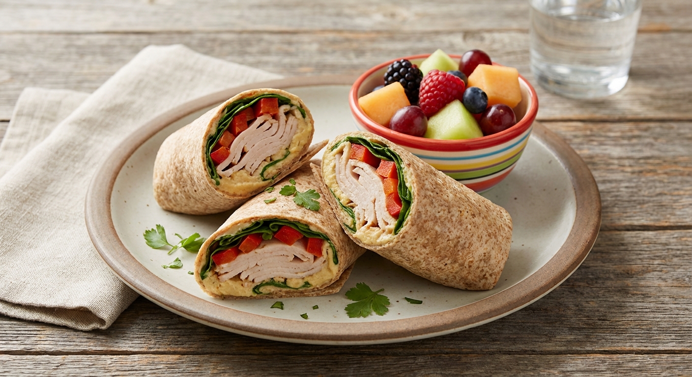 Turkey & Hummus Whole-Wheat Wraps with Mixed Fruit