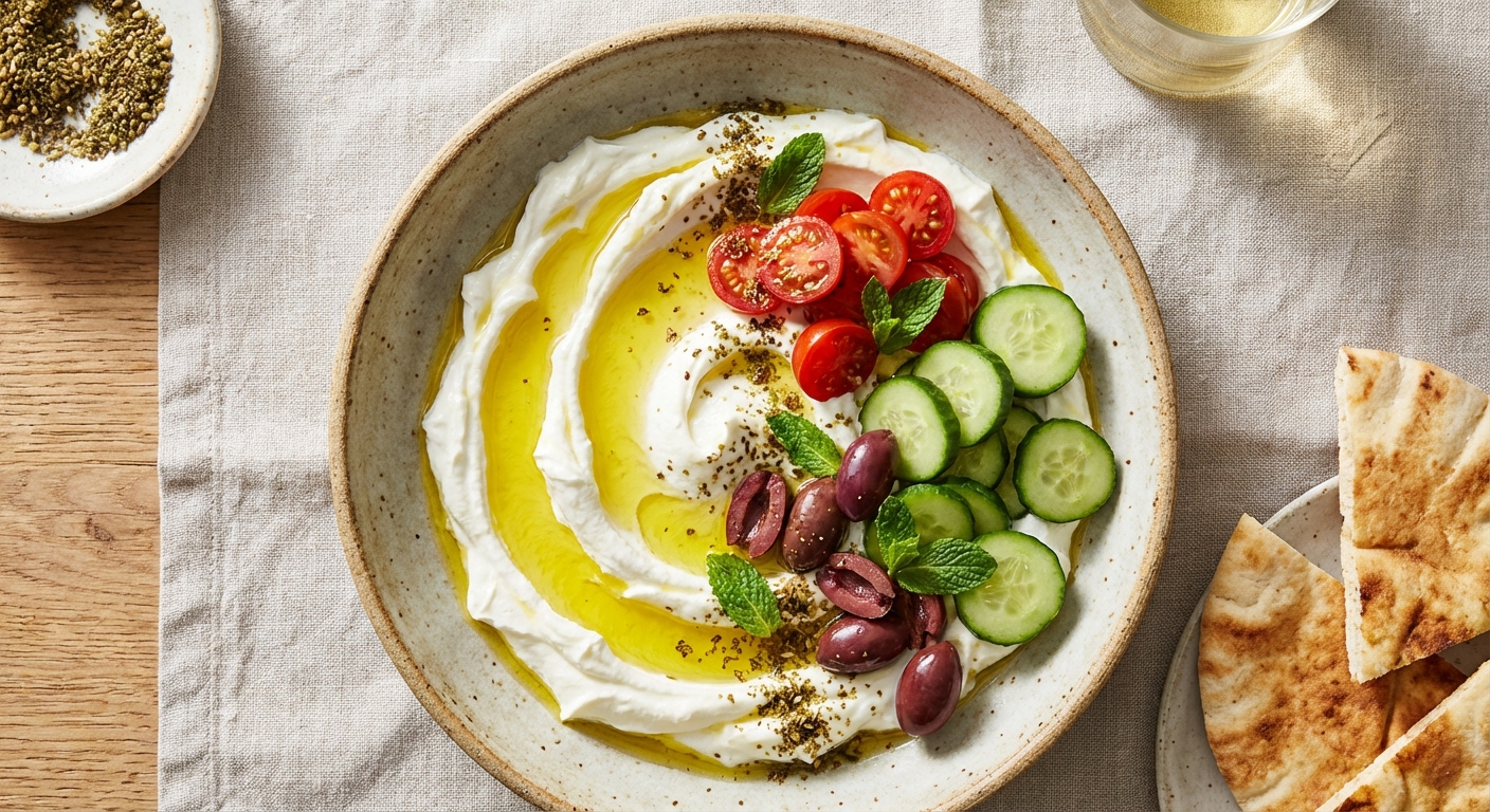 Labneh Bowl with Cucumber, Tomatoes & Olive Oil