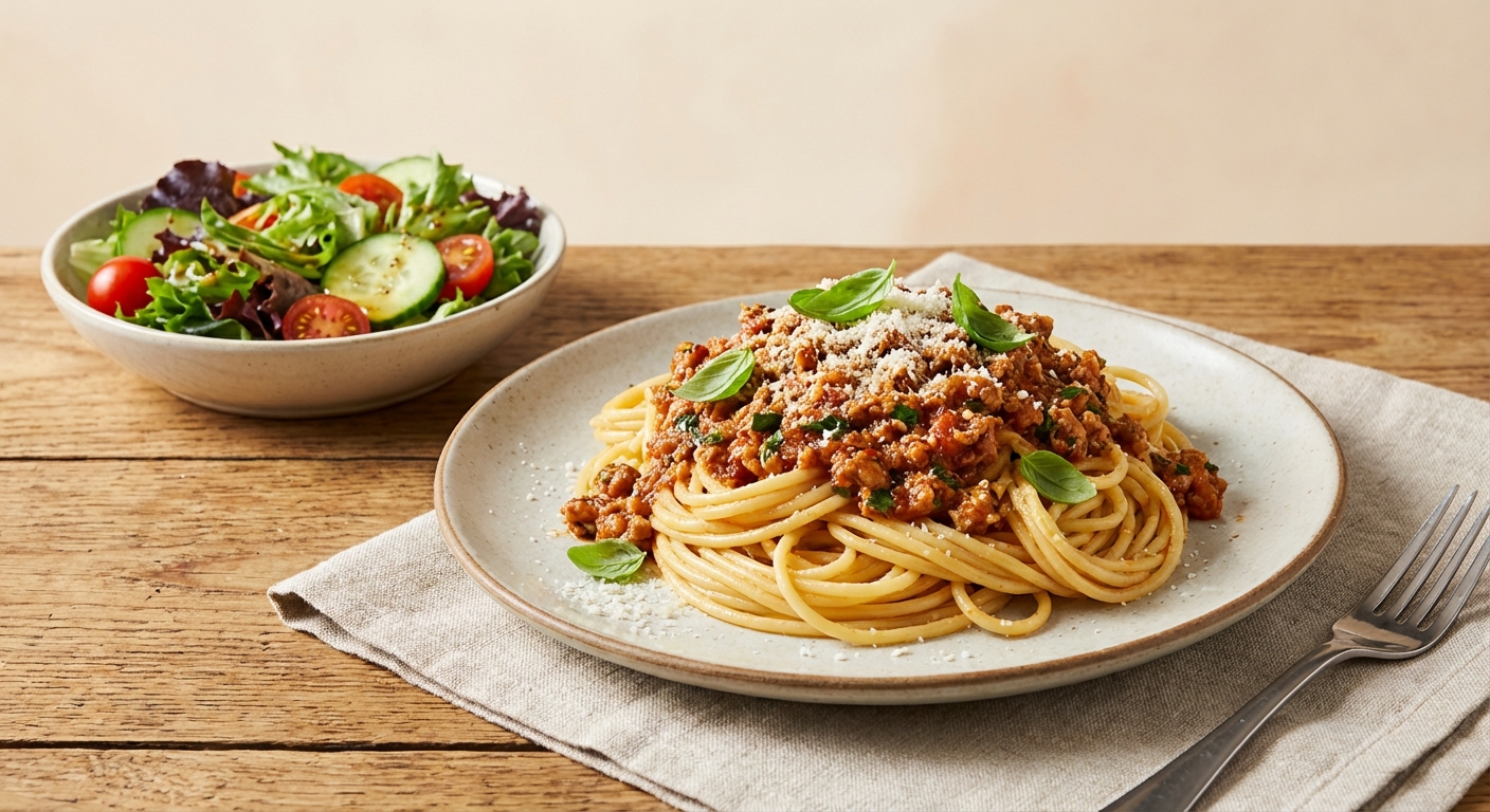 Spaghetti with Turkey Meat Sauce and Side Salad