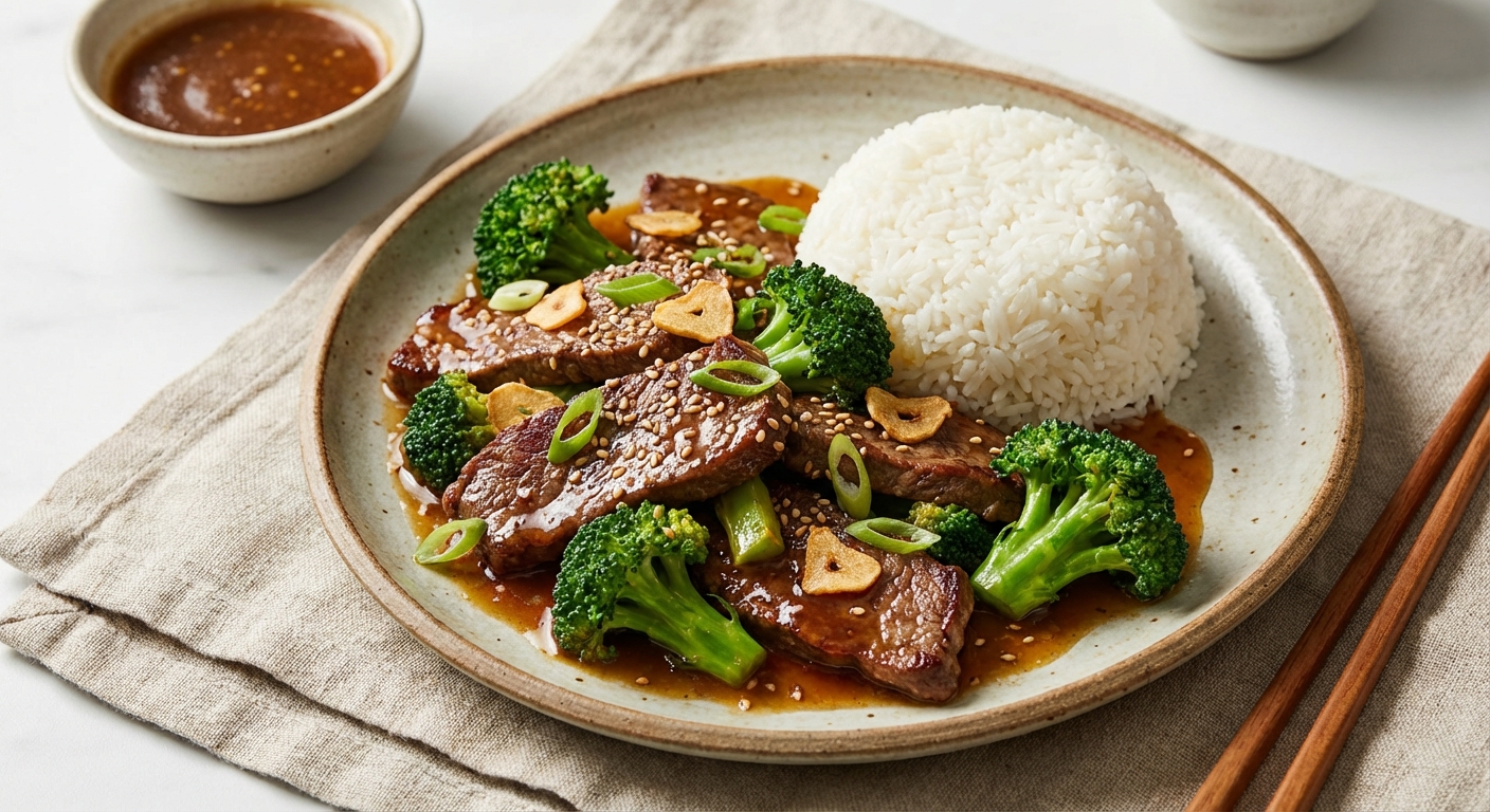 Beef & Broccoli Stir-Fry with Garlic-Ginger Sauce and Jasmine Rice