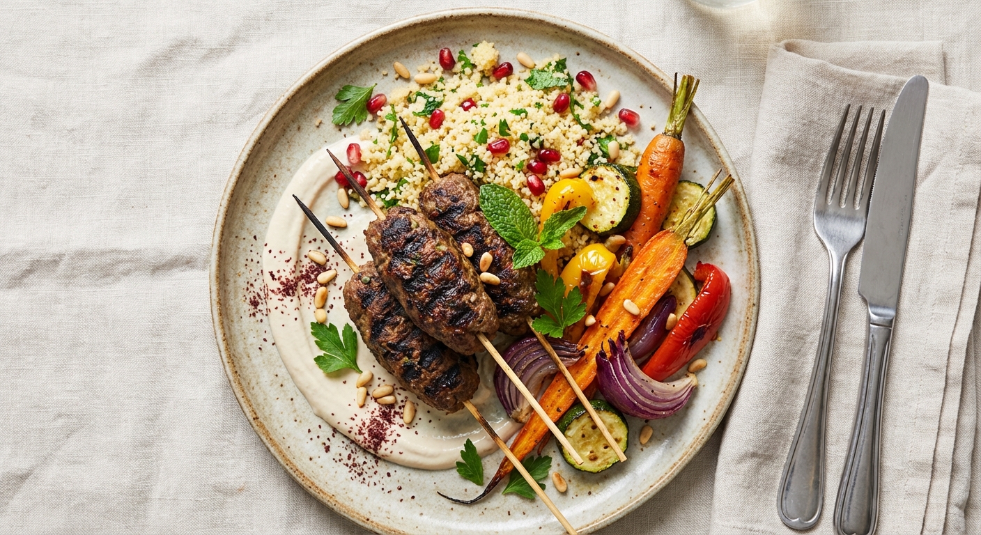 Grilled Lamb Kofta with Tahini-Yogurt, Couscous & Roasted Vegetables