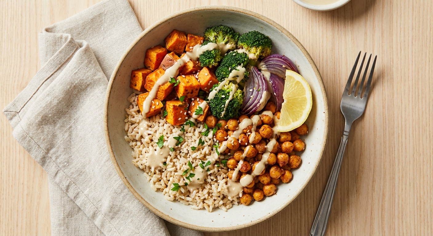 Chickpea & Roasted Vegetable Brown Rice Bowl with Tahini Dressing