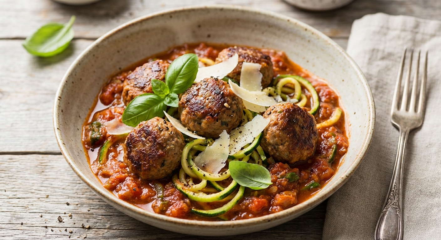 Italian Meatball Zoodles with Hearty Tomato-Basil Sauce (Paleo)