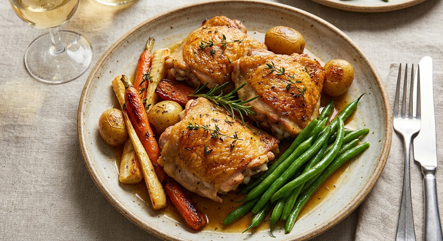 Roast Chicken Thighs with Root Vegetables & Green Beans