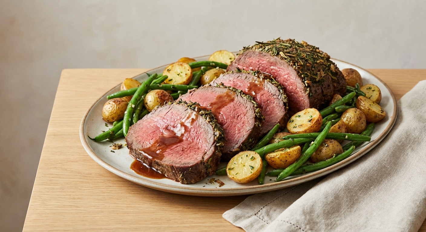 Herb-Crusted Roast Beef with Roasted Baby Potatoes & Green Beans