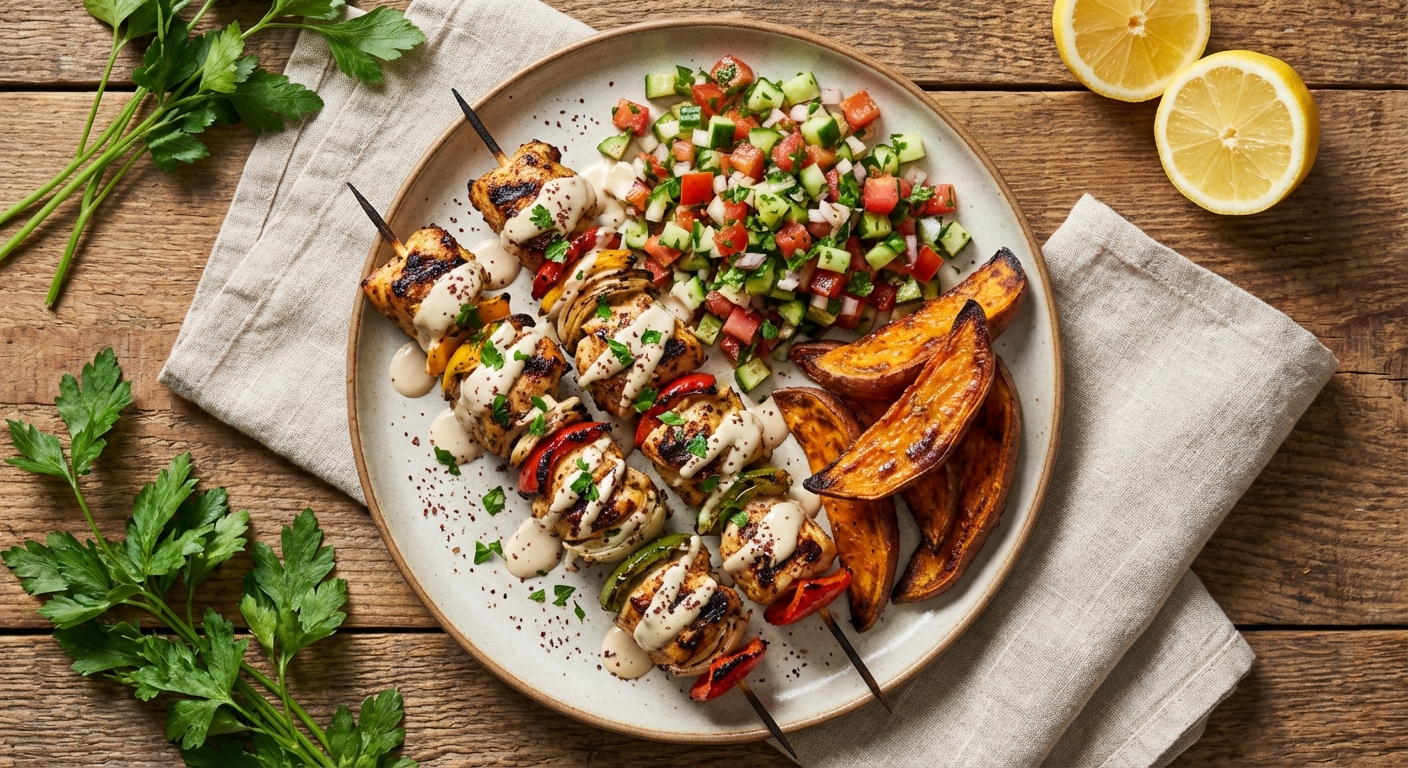 Grilled Chicken Kebabs with Tahini-Lemon Drizzle, Israeli Salad & Roasted Sweet Potato Wedges