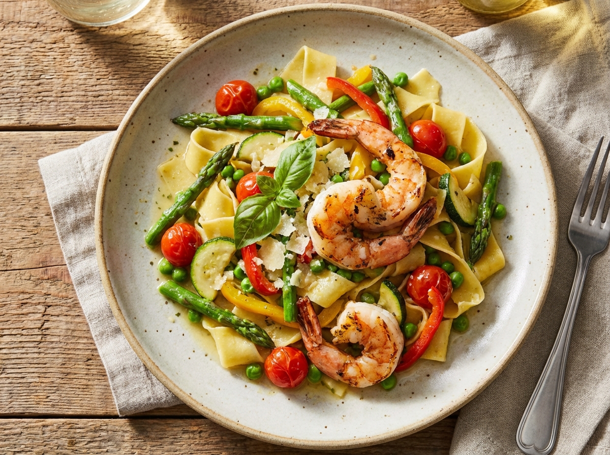 Pasta Primavera with Grilled Shrimp