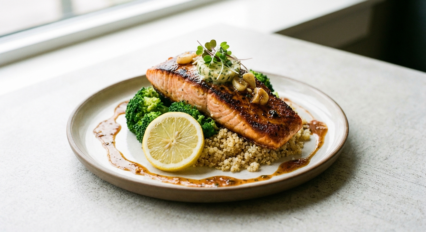 Pan-Seared Lemon Garlic Salmon with Quinoa & Steamed Broccoli
