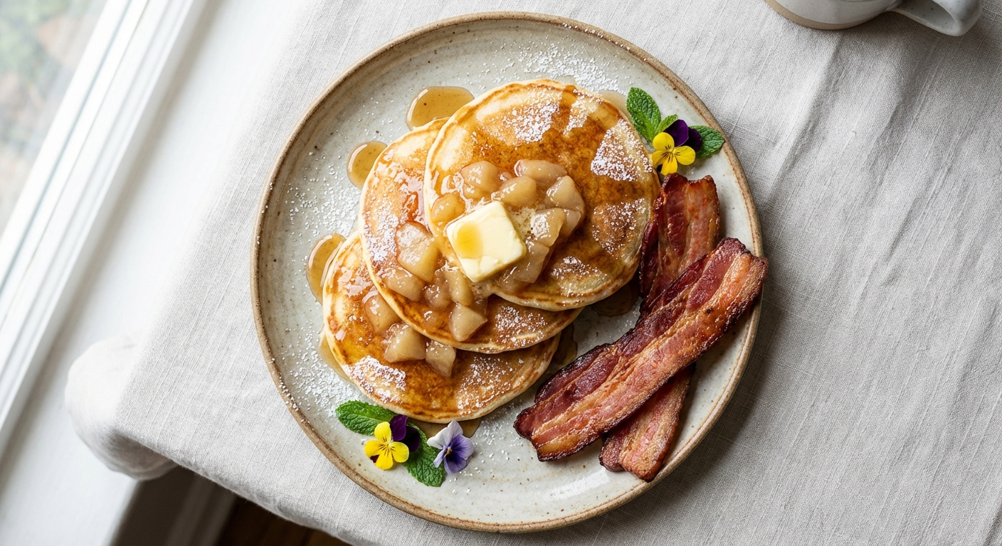 Maple-Buttermilk Pancakes with Spiced Pear Compote and Crisp Applewood Bacon