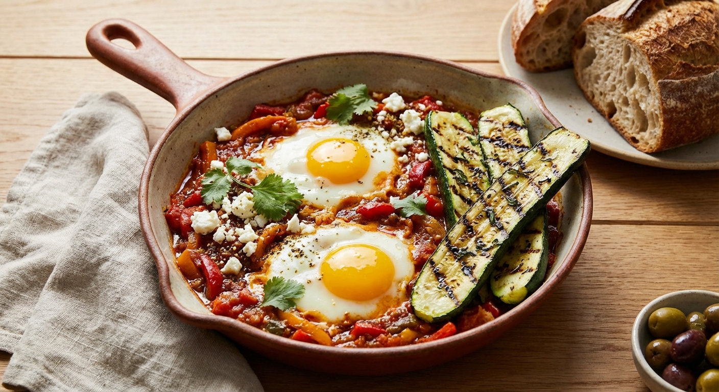 Baked Eggs in Spiced Tomato-Pepper Sauce with Grilled Zucchini