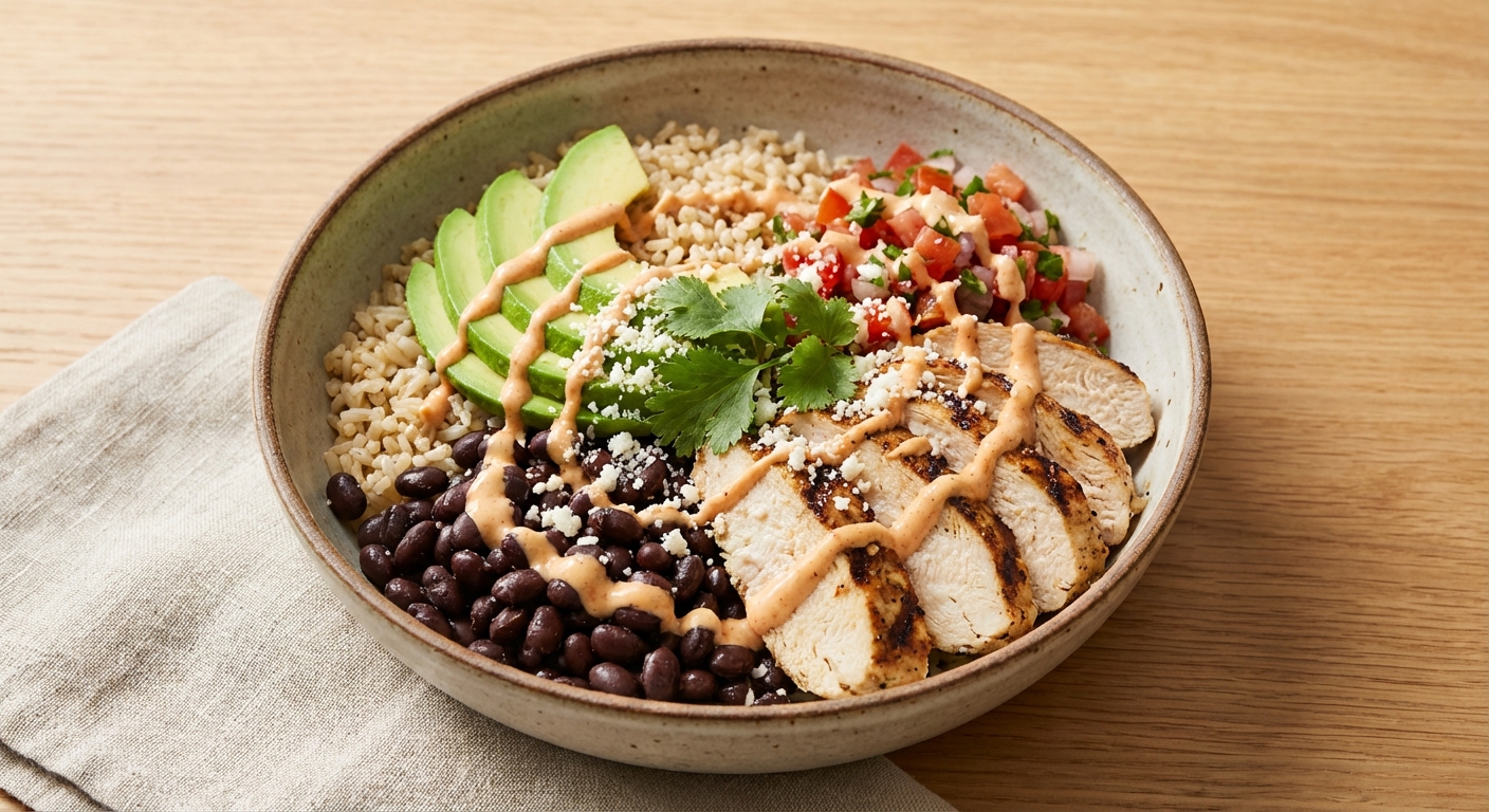 Chicken Burrito Bowls with Brown Rice, Black Beans & Avocado
