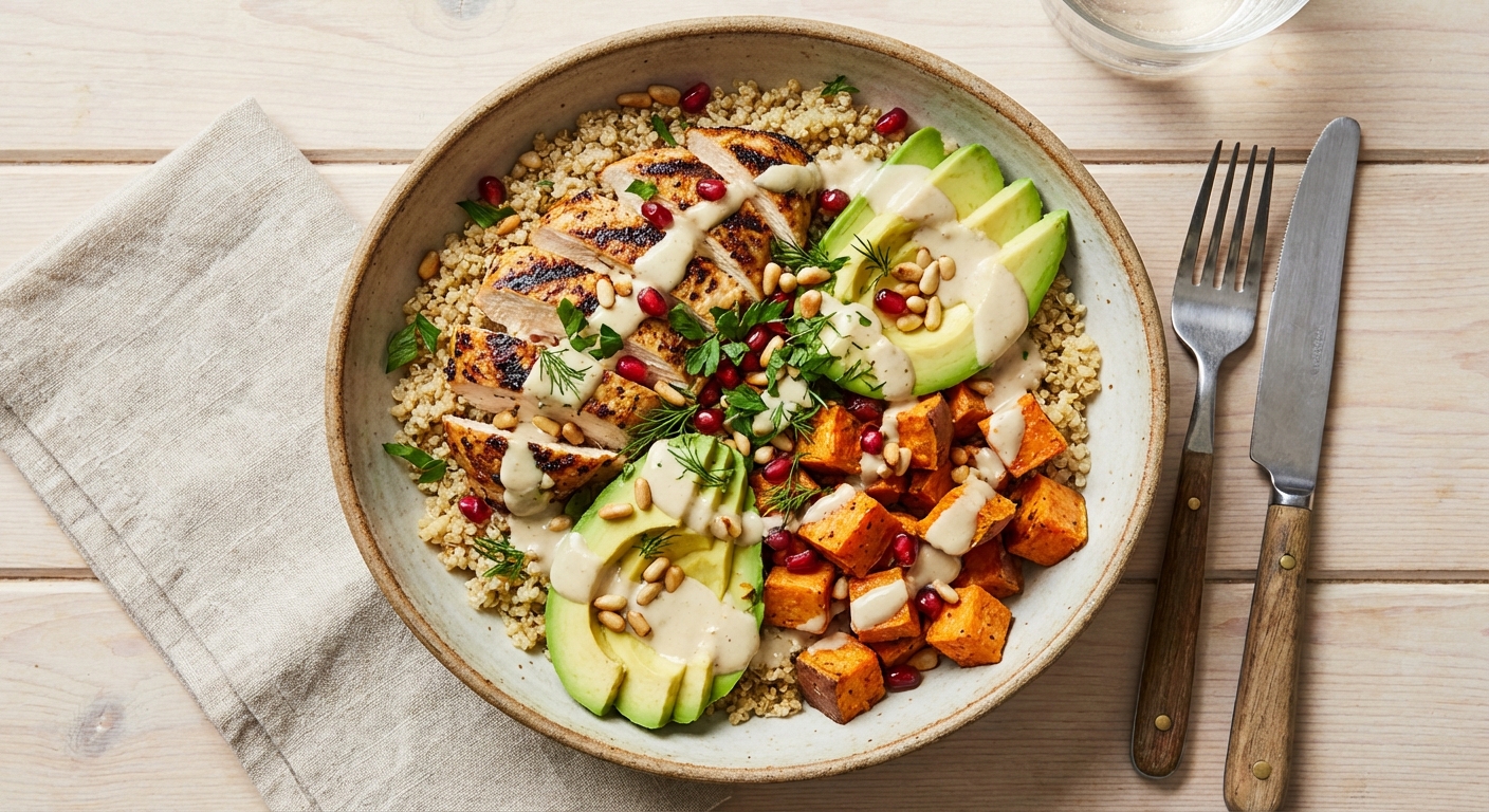 Grilled Chicken & Quinoa Bowl with Roasted Sweet Potato, Avocado & Tahini-Lemon Dressing