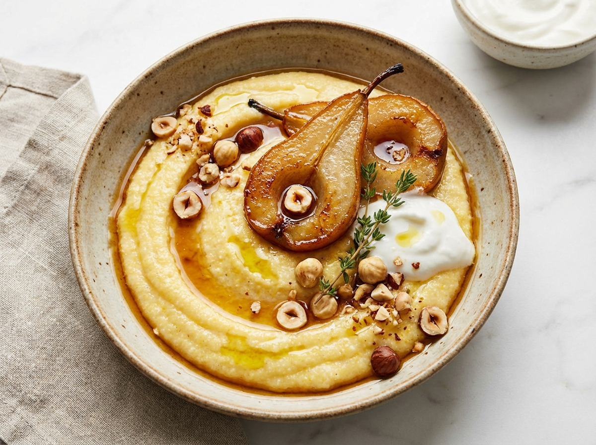 Creamy Polenta Porridge with Roasted Pears & Toasted Hazelnuts (Dairy-Free)