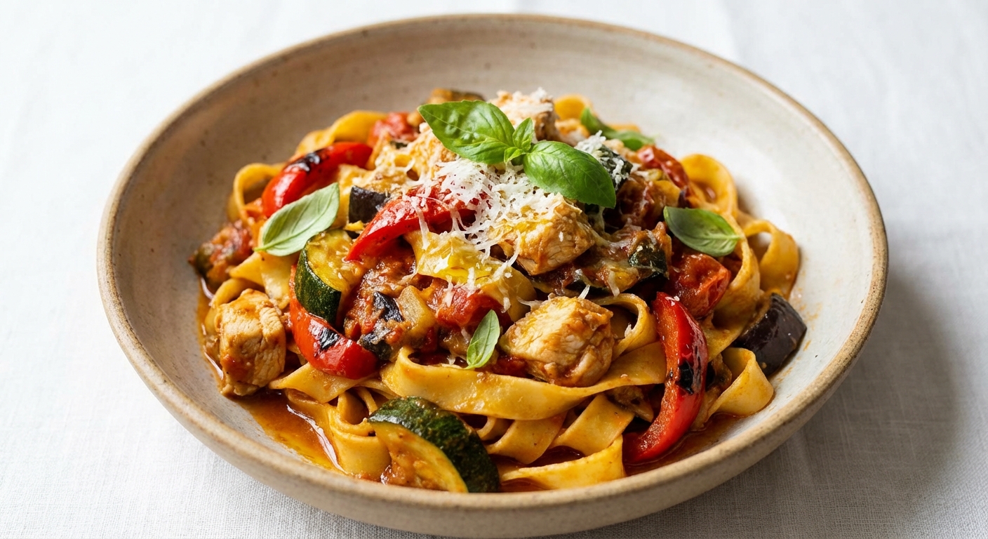 Handmade Eggless Tagliatelle with Chicken & Roasted Vegetable Ragu