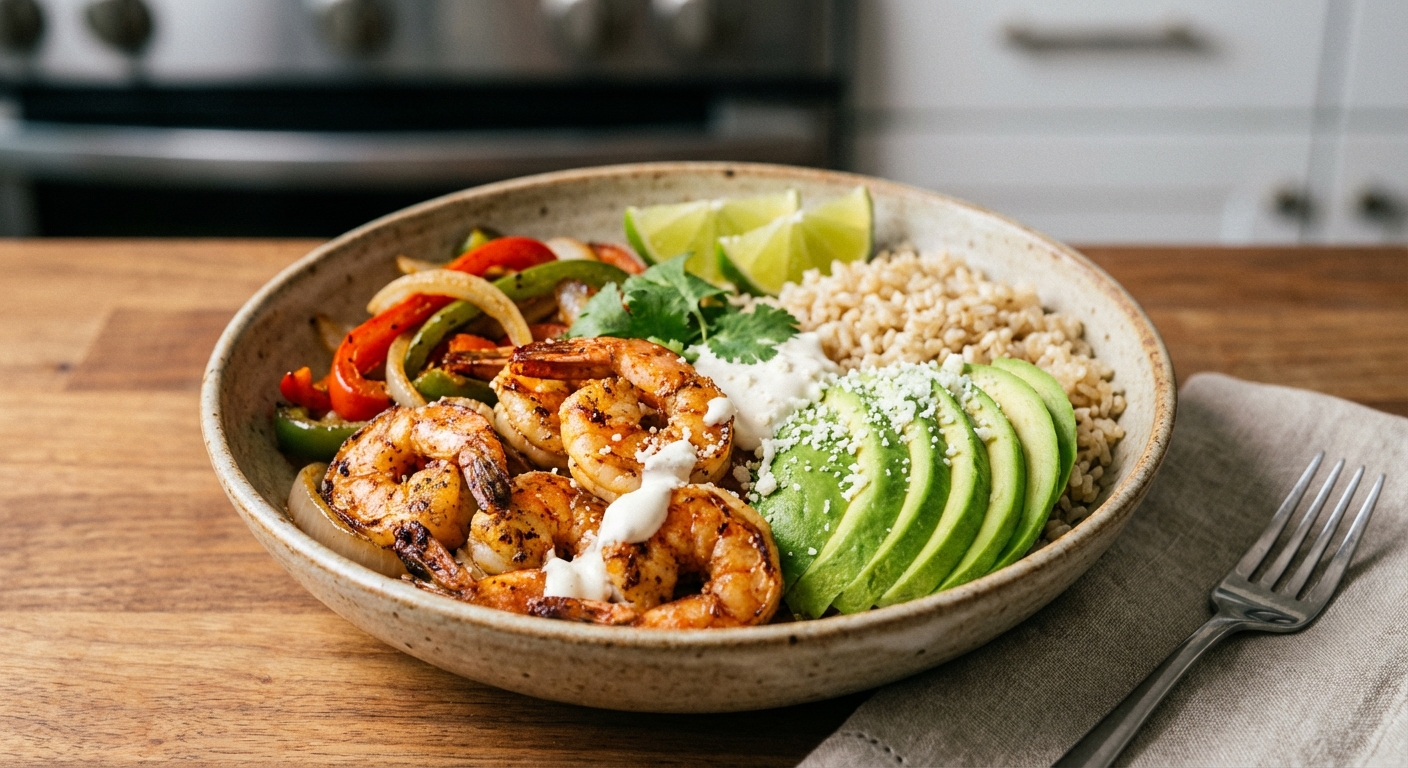 Shrimp Fajita Bowls with Brown Rice, Peppers & Avocado