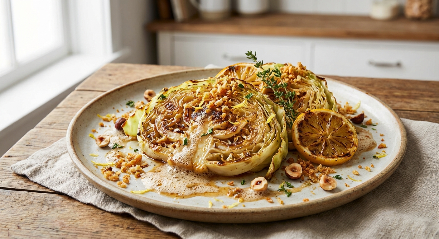 Pan-Roasted Cabbage Steaks with Brown Butter, Crispy Breadcrumbs & Lemon