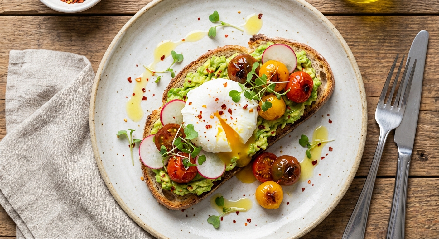 Avocado Toast with Poached Egg & Cherry Tomatoes