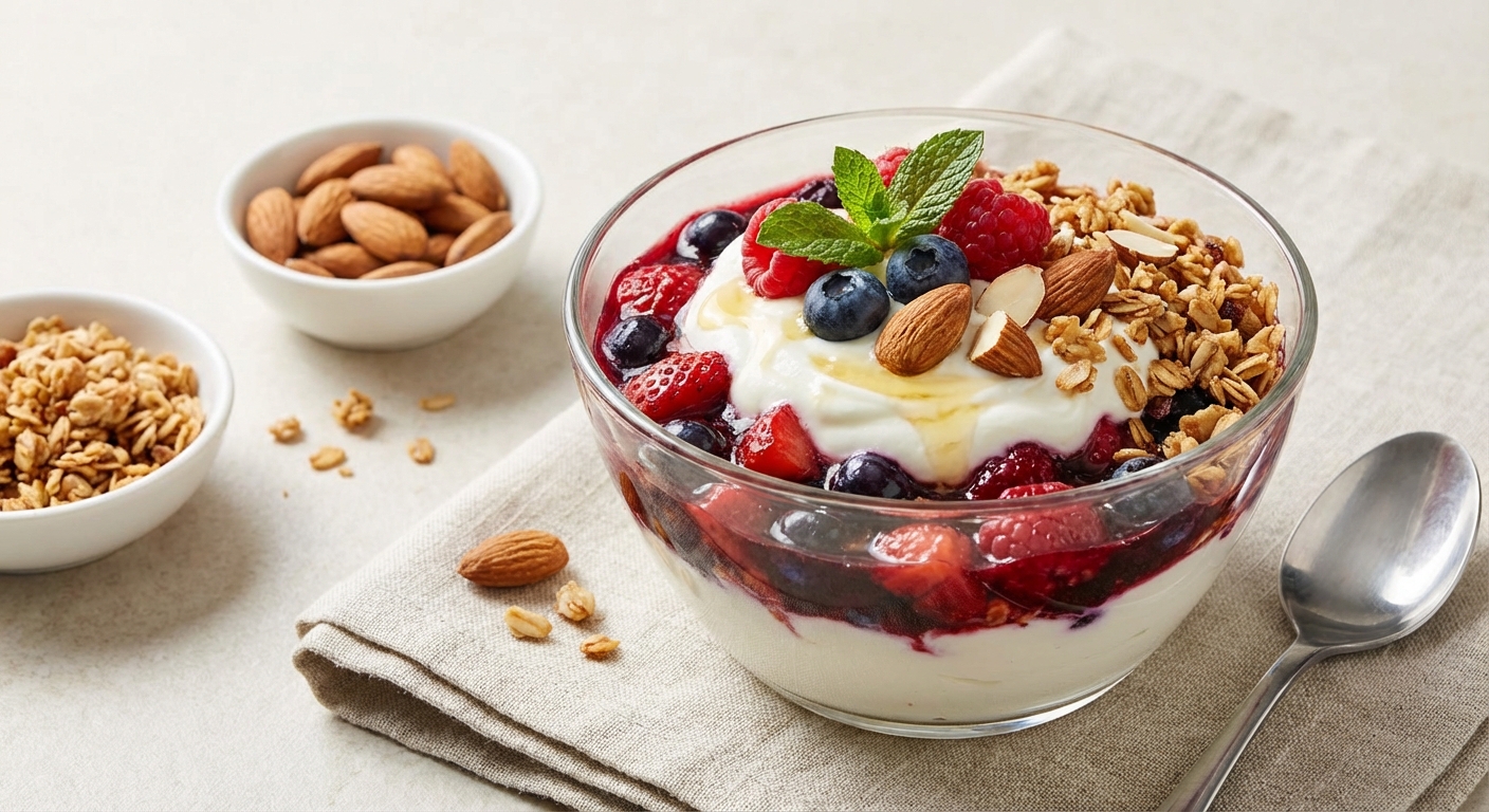 Greek Yogurt Berry Parfait with Granola & Almonds