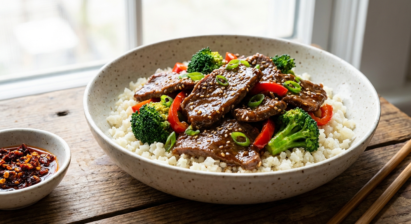 Ginger–Sesame Beef Stir‑Fry with Broccoli over Cauliflower Rice