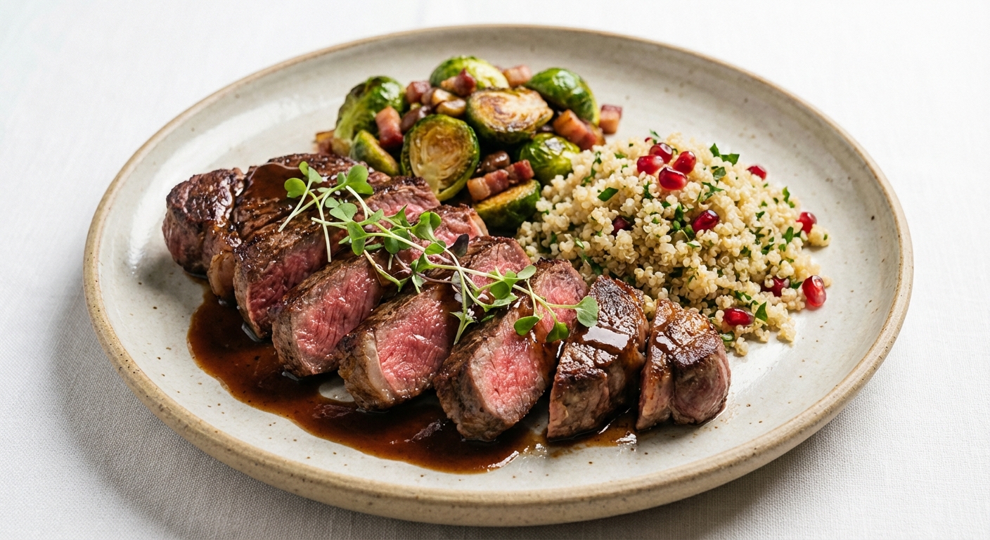 Steak with Roasted Brussels Sprouts & Quinoa