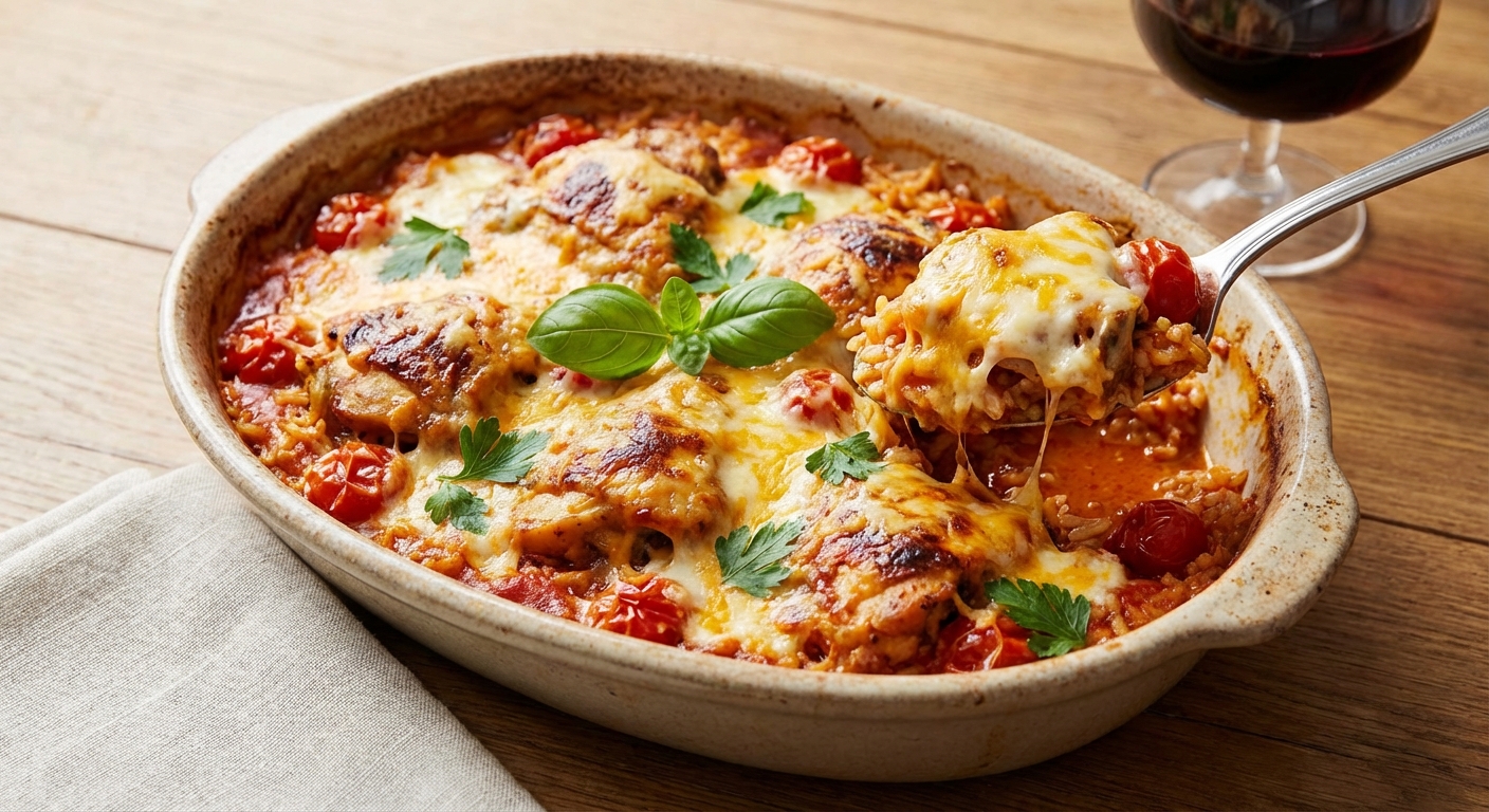 Cheesy Chicken and Tomato Rice Bake