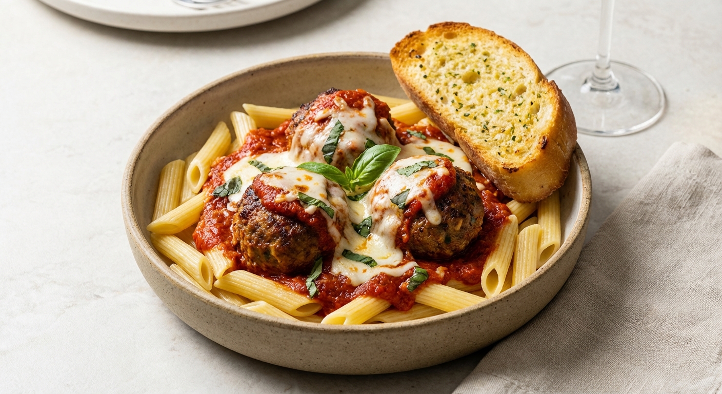 Baked Meatballs with Marinara, Penne & Garlic Bread