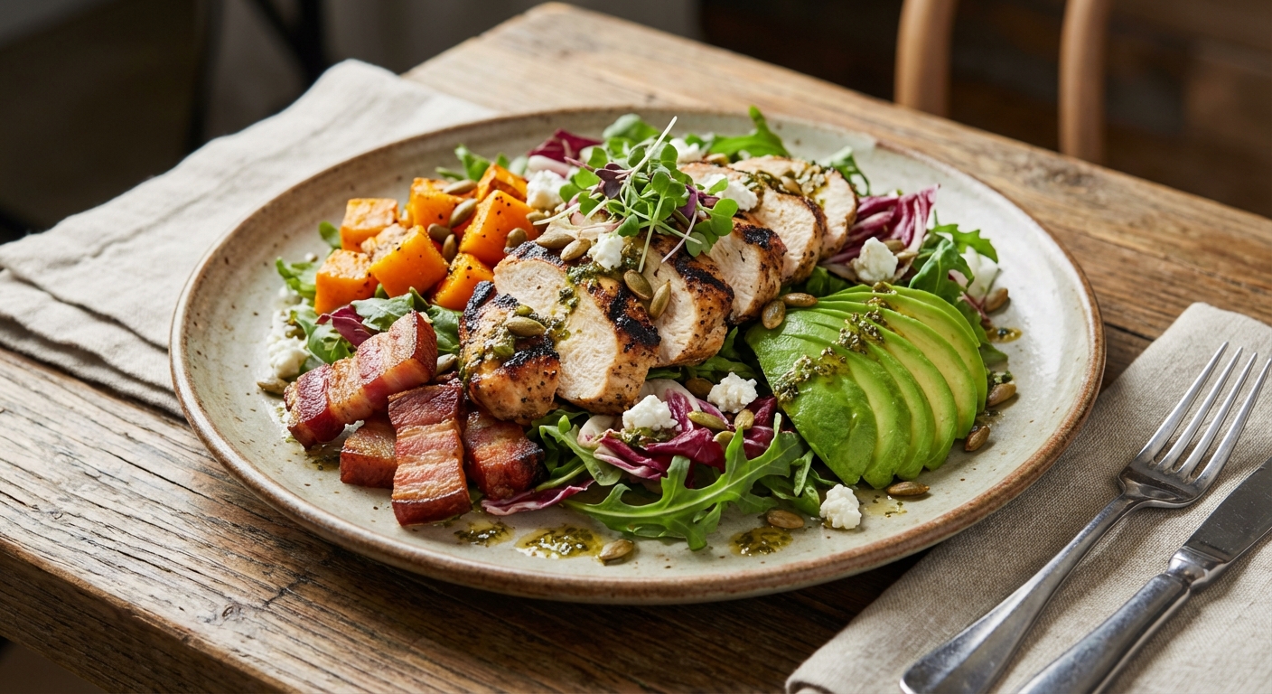 Grilled Chicken & Crispy Bacon Salad with Roasted Butternut and Avocado