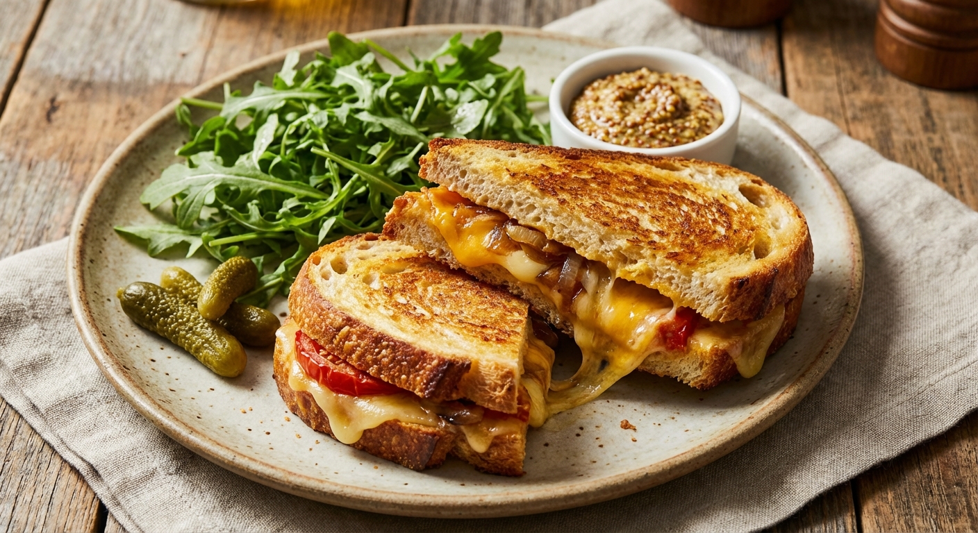 Gourmet Grilled Sandwich with Caramelized Onion, Tomato, Cheddar & Gruyère
