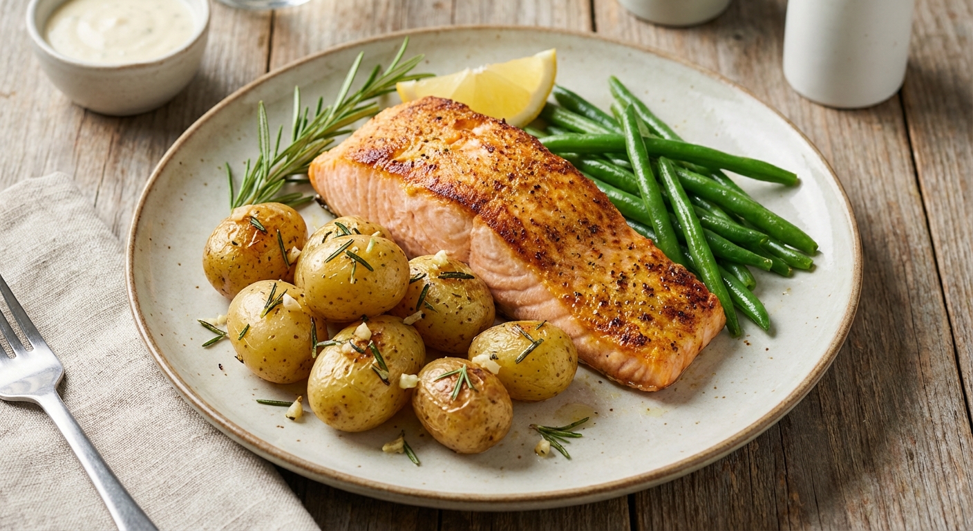 Baked Salmon with Garlic-Rosemary Potatoes & Sautéed Green Beans