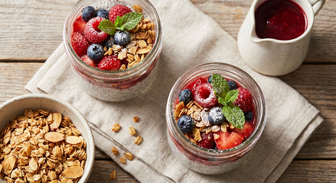 Make-Ahead Leftover Chia Pudding Parfaits with Macerated Berries & Toasted Almond Crunch