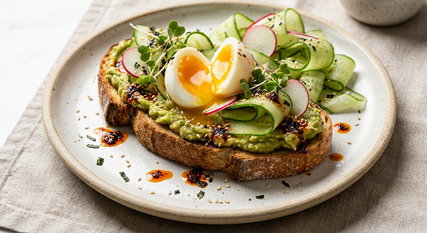 Miso Avocado Toast with Soft-Boiled Egg & Cucumber Salad