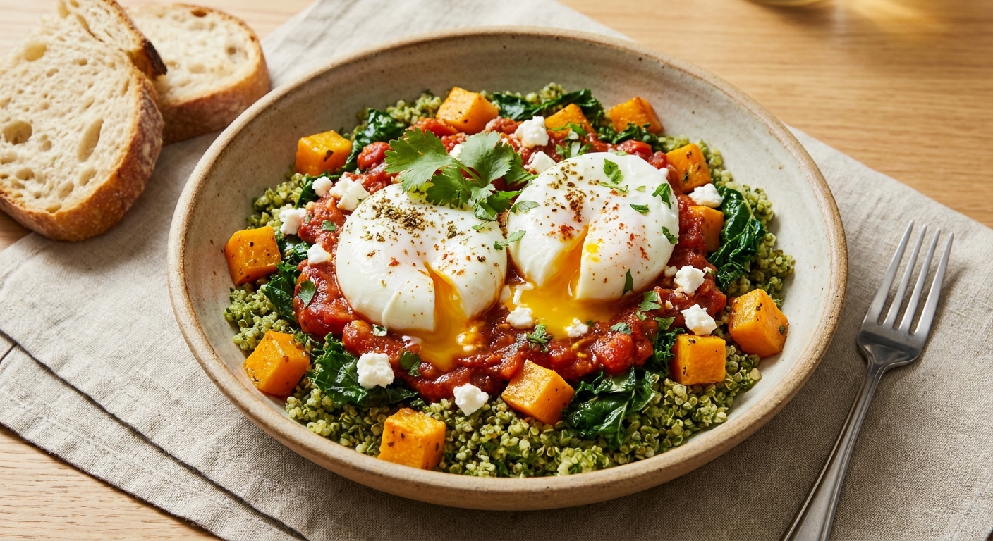 Shakshuka-Style Eggs over Herbed Quinoa with Roasted Butternut & Wilted Kale
