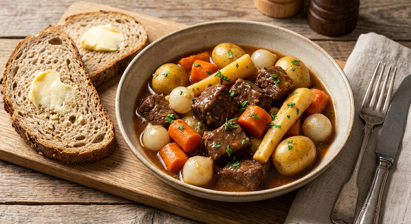 Beef & Root Vegetable Stew with Whole-Grain Bread