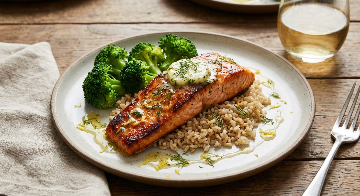 Oven-Baked Salmon with Garlic-Herb Butter, Brown Rice & Steamed Broccoli