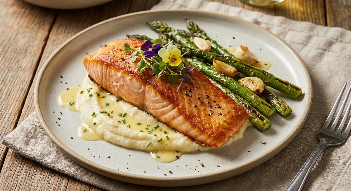 Pan-Seared Salmon with Cauliflower Mash & Garlic-Roasted Asparagus