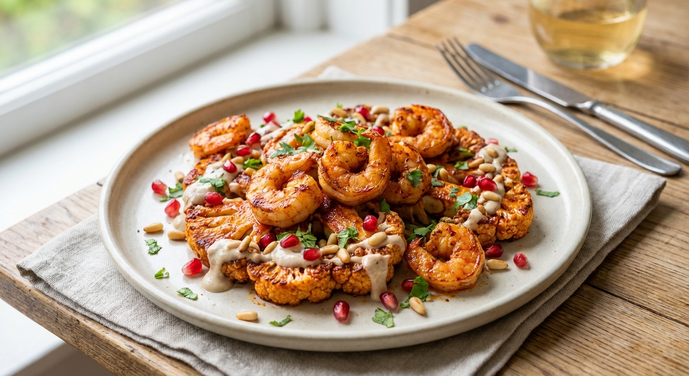 Harissa-Roasted Cauliflower Steaks with Seared Prawns & Pomegranate-Tahini Drizzle