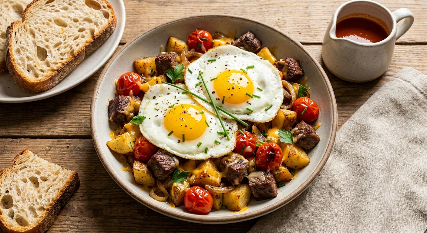 Cheesy Beef & Potato Hash with Runny Eggs