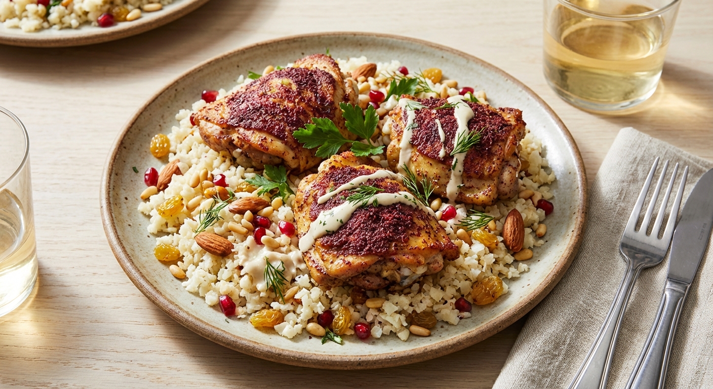 Sumac-Roasted Chicken Thighs with Cauliflower Rice Pilaf