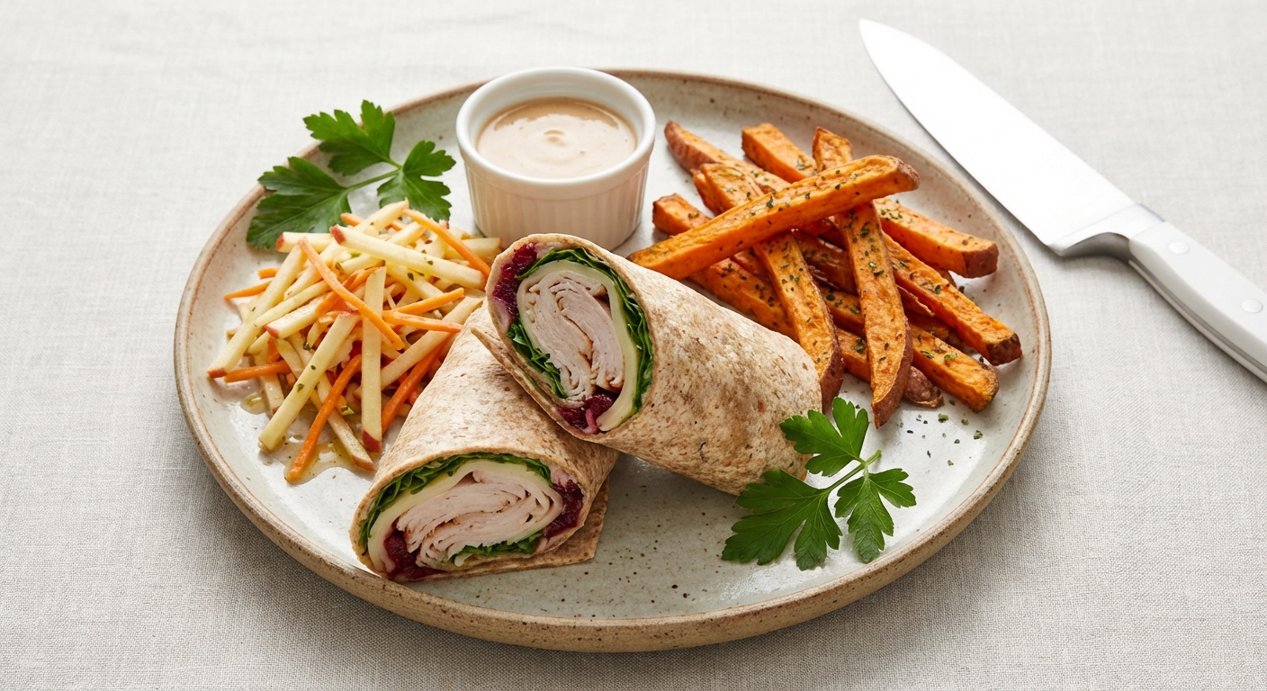 Turkey & Swiss Whole-grain Wraps with Apple Slaw and Baked Sweet Potato Fries