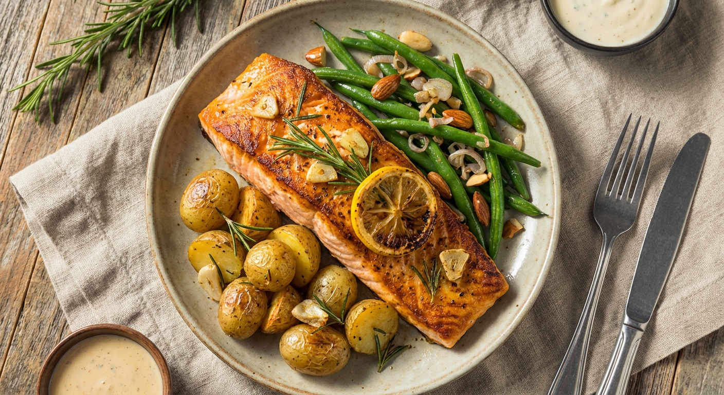 Baked Salmon with Garlic-Rosemary Potatoes & Sautéed Green Beans