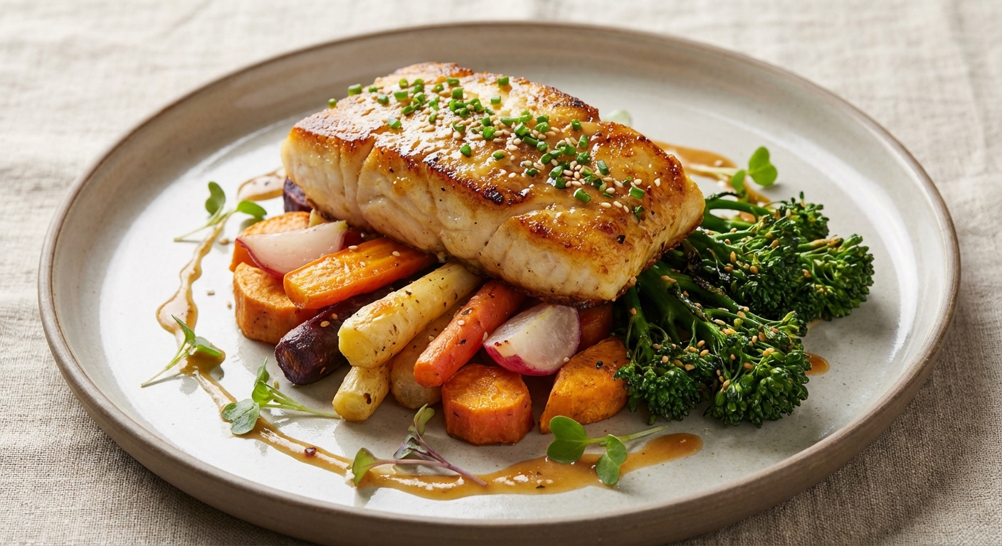 Pan-Seared Miso-Butter Cod with Roasted Winter Root Medley and Mustard-Sesame Broccolini